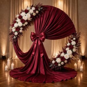 Circular burgundy draped wedding arch adorned with white and red roses, with candles along the floor.
