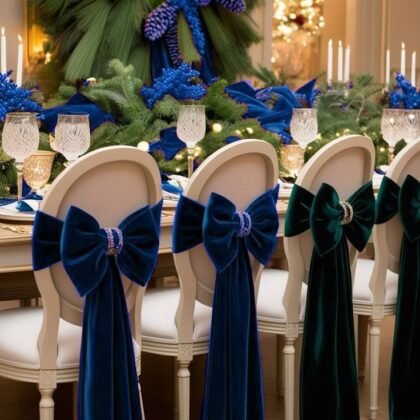 Elegant dining table with white chairs adorned by dark blue velvet sashes tied in bows; crystal glasses and candles on the table, blue and green holiday décor.